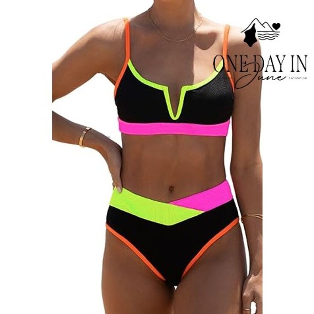 Popvil V Wire Ribbed Bikini Swimsuit Size L
